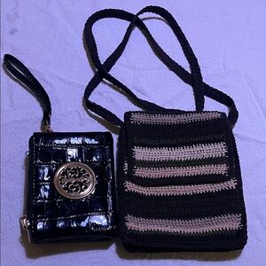 Black and Tan Crochet Shoulder Bag and Black Croc-Embossed Wristlet